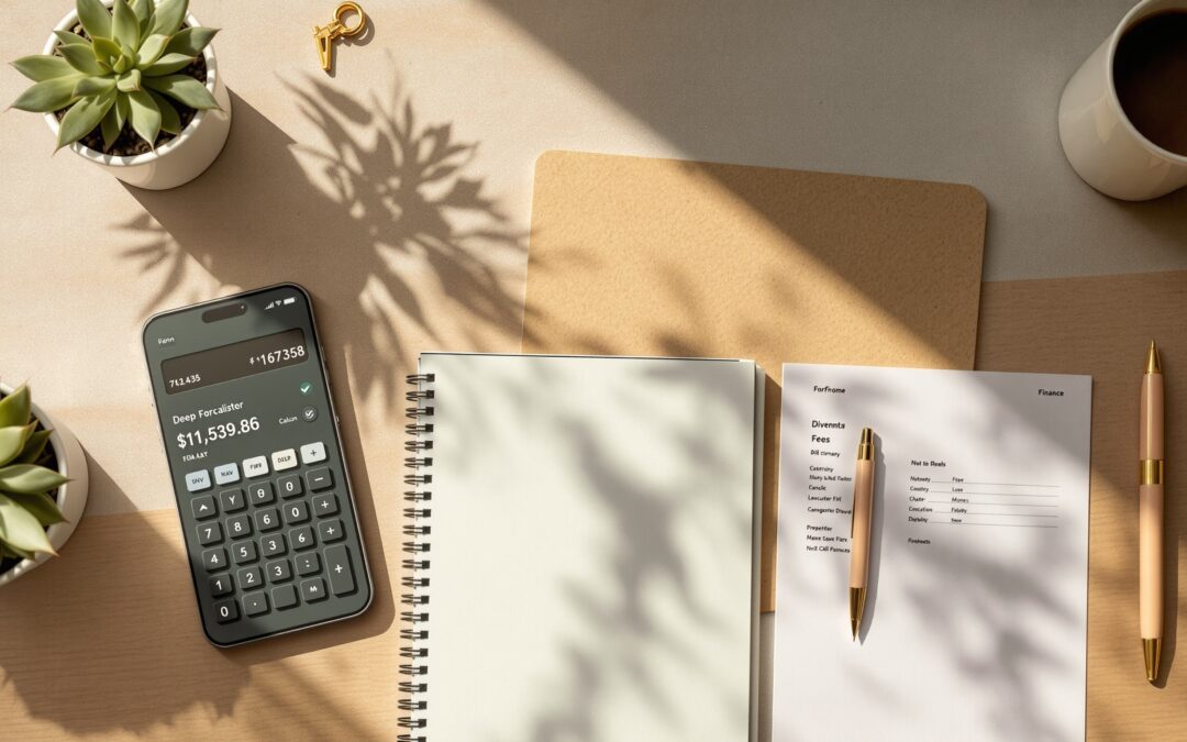 Clean, minimalist desk setup with calculator, notebook with financial calculations, and smartphone displaying booking platfor