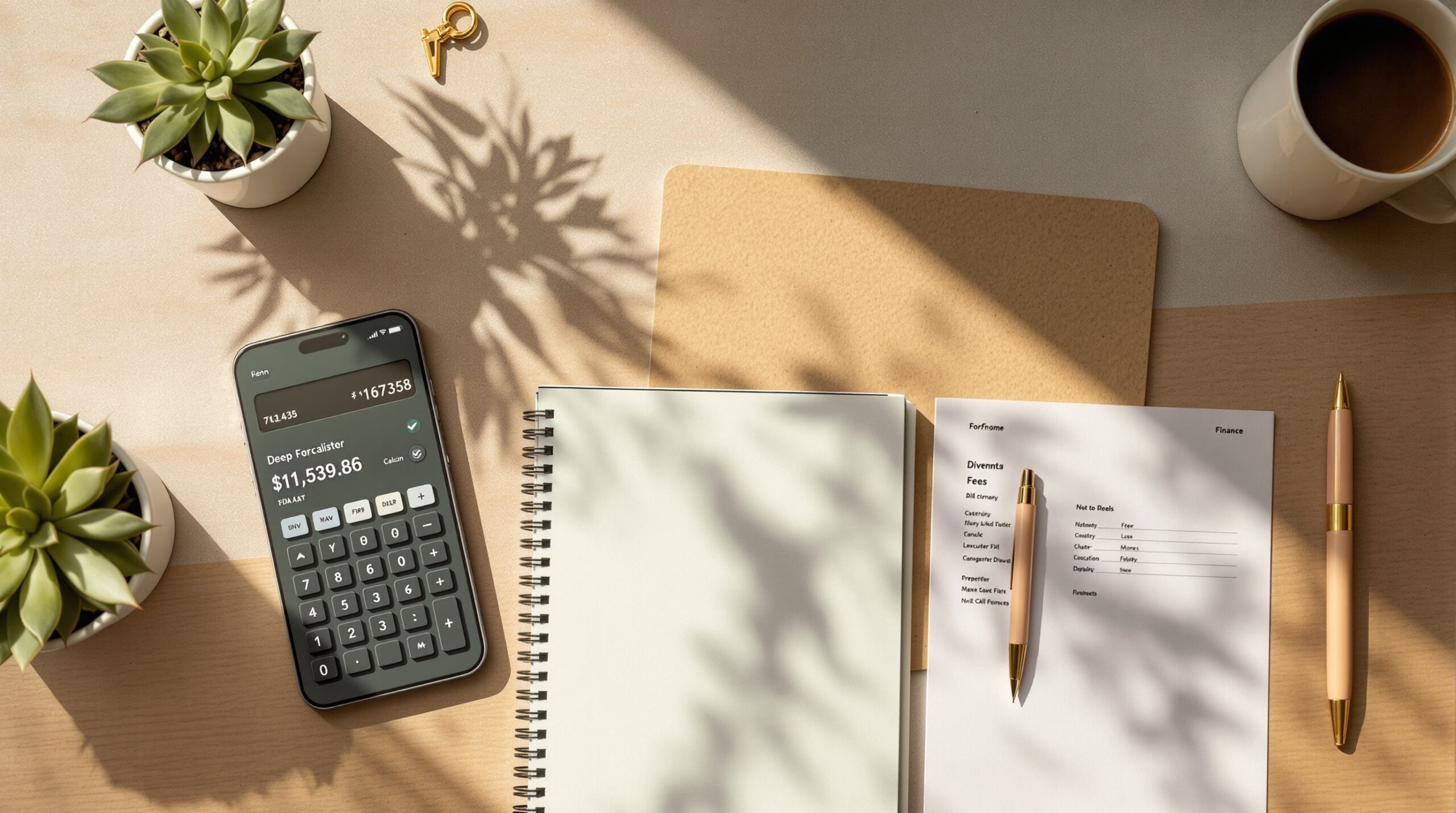 Clean, minimalist desk setup with calculator, notebook with financial calculations, and smartphone displaying booking platfor