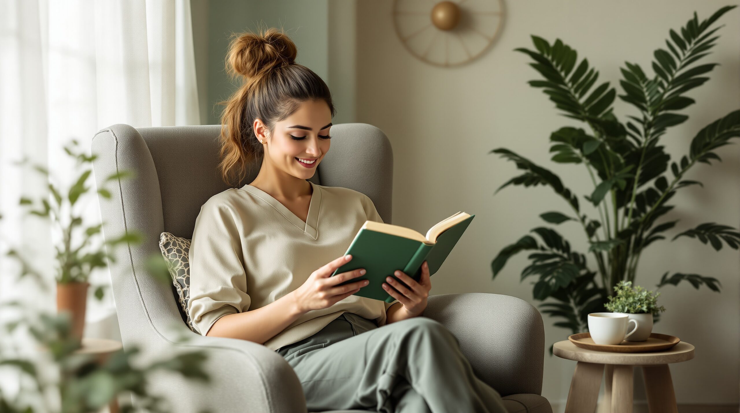 Peaceful scene of massage therapist in personal self-care moment away from work. Reading a book in comfortable chair with tea