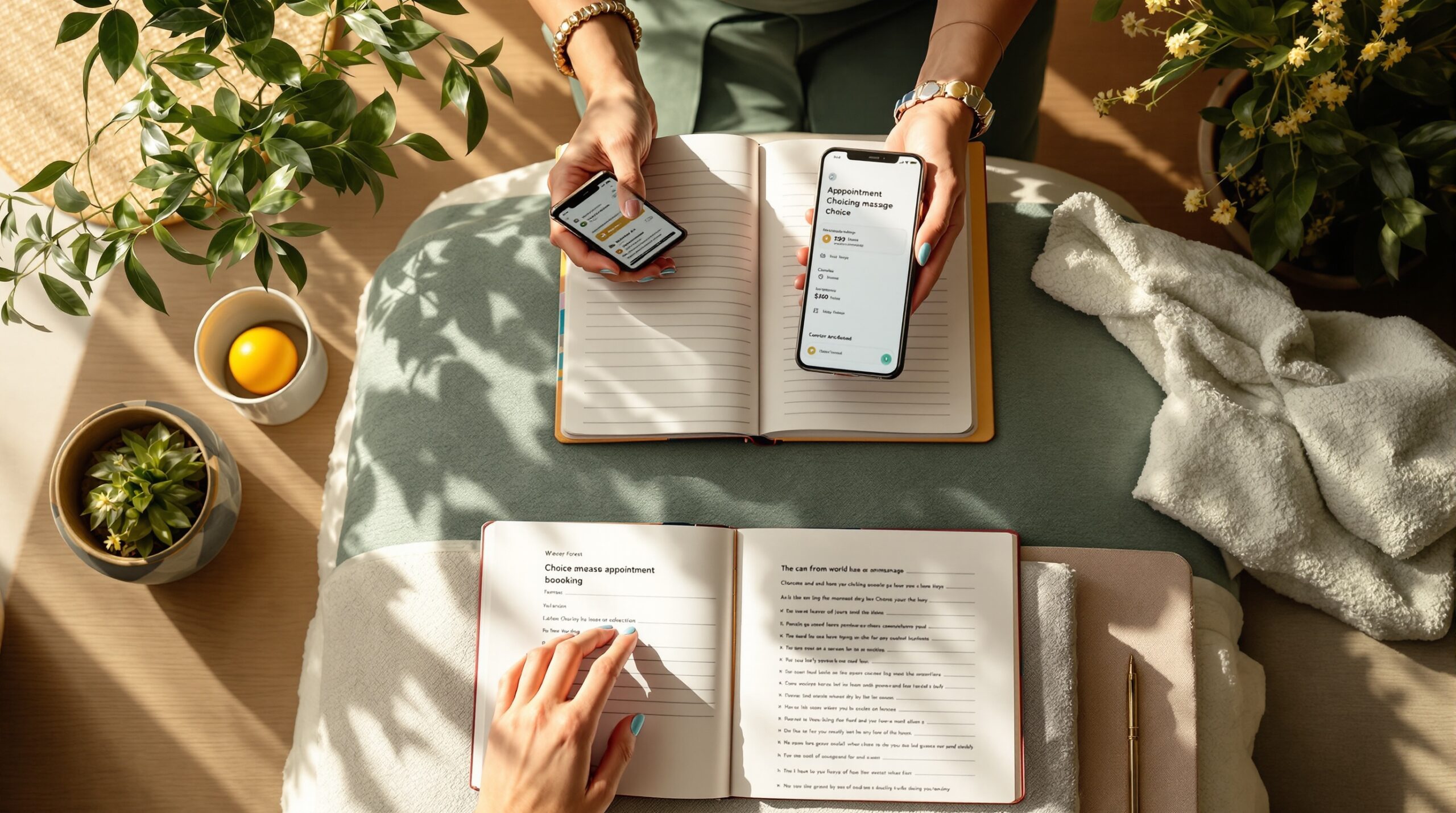 Professional massage therapy room with warm, natural lighting. Therapist's hands arranging appointment book and smartphone sh